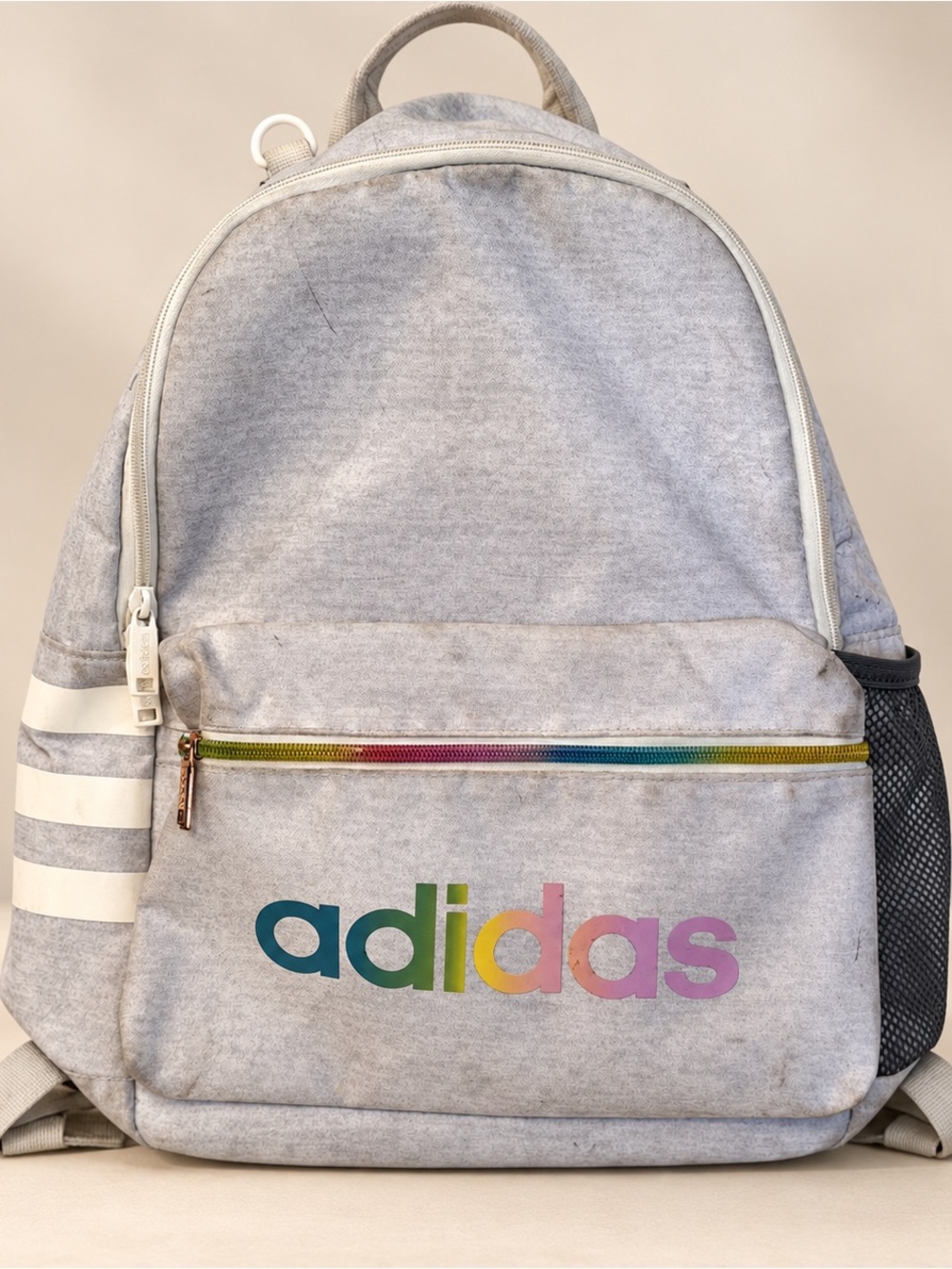 adidas Light Gray Kids Backpack with Rainbow Logo